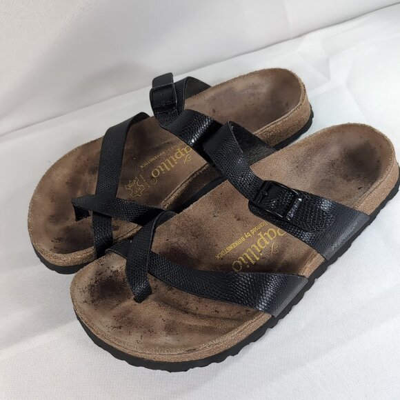 Papillio Birkenstock 38 Tabora Strappy Black Sandals US W 7 245 Pebbled Leather - Picture 1 of 14